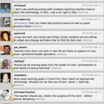 Screen shot of a Twitter Chat discussion. Twitter is used in both online and face-to-face classes as a tool to support active learning. A professor at UT Dallas documented an experiment using Twitter to engage students during lecture, described here: https://www.youtube.com/watch?v=6WPVWDkF7U8. Other ways to use Twitter, learn more http://www.onlinecolleges.net/50-ways-to-use-twitter-in-the-college-classroom/ (image from Dr Z. Reflects Blog http://drzreflects.blogspot.com/2014/03/r-u-following-education-twitter-chats.html